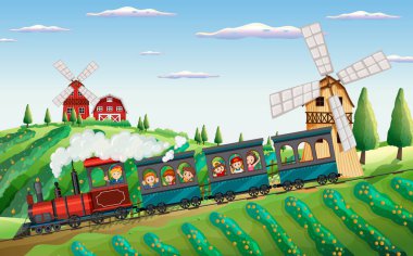 Kırsal illüstrasyonda tren yolculuğu