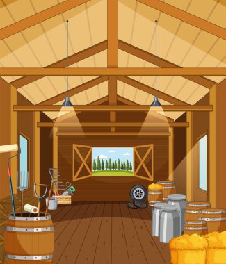 Farm storage with hay and barrels illustration