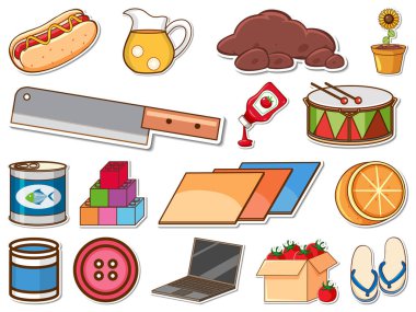 Karışık günlük nesneler çizimi etiketi