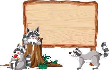 Empty wood board with raccoon cartoon illustration