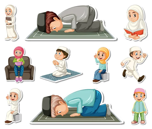 Sticker Set Islamic Religious Symbols Cartoon Characters Illustration — Vetor de Stock