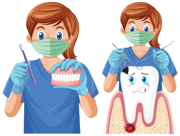 Dentista Sosteniendo Instrumentos Examinando Dientes Sobre Fondo Blanco Ilustración — Vector de stock