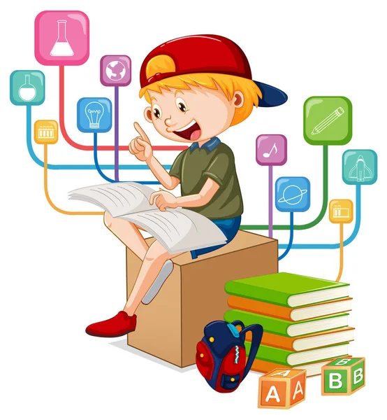Ένα Αγόρι Διαβάζει Βιβλία Λευκό Φόντο Εικονογράφηση — Διανυσματικό Αρχείο
