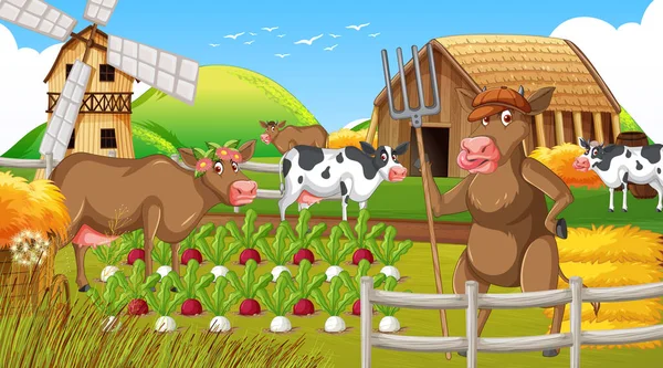 Сцена Открытой Ферме Коров Карикатурой Счастливых Животных — стоковый вектор