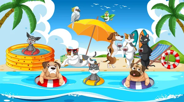 Groupe Différents Animaux Compagnie Font Diverses Activités Sur Illustration Plage — Image vectorielle