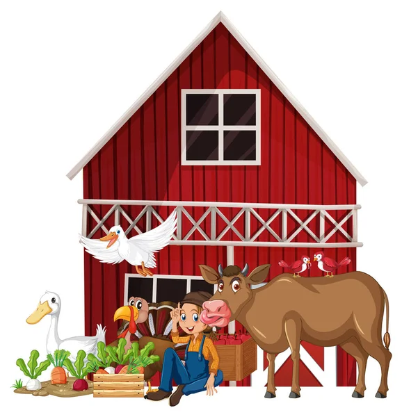 Farming Theme Farmer Animals Illustration — Vetor de Stock