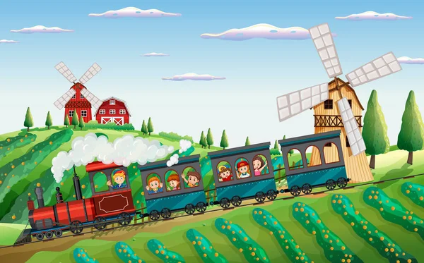 Train Ride Countryside Illustration —  Vetores de Stock