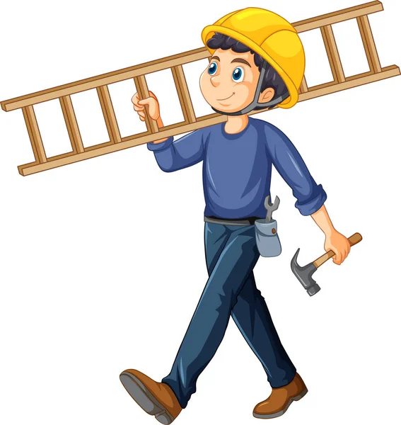 Trabajador Construcción Con Ilustración Escalera — Vector de stock