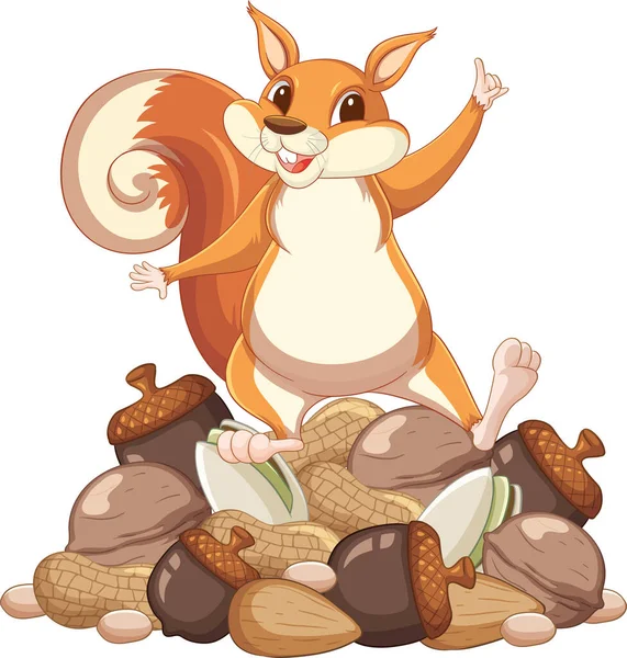 Squirrel Standing Pile Nuts Illustration — 스톡 벡터