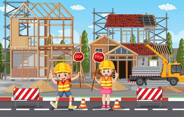 Construcción Obra Ilustración Los Trabajadores — Vector de stock