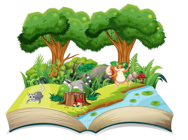 Otevřená Fantasy Kniha Roztomilými Zvířaty Ilustrace — Stockový vektor