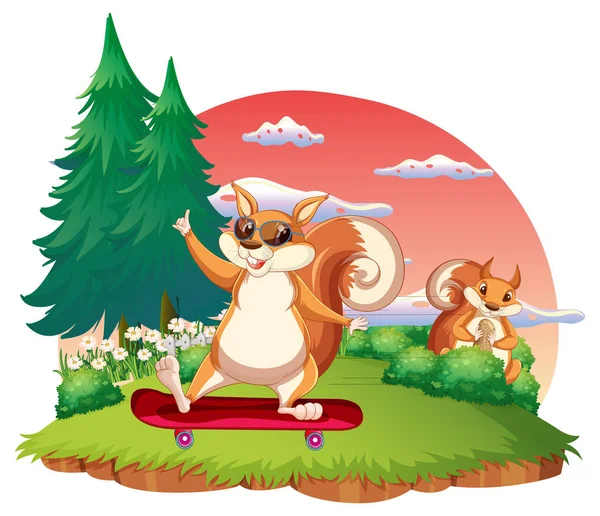 Squirrel Playing Skateboard Island Illustration — Stock Vector