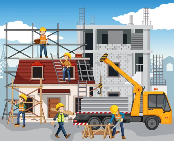 Construcción Con Ilustración Los Trabajadores — Vector de stock