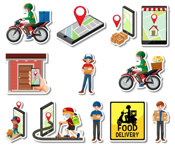 Sticker Set Delivery Objects Cartoon Characters Illustration — Stockový vektor