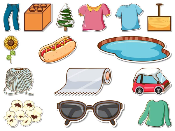 Sticker Set Mixed Daily Objects Illustration — Vettoriale Stock