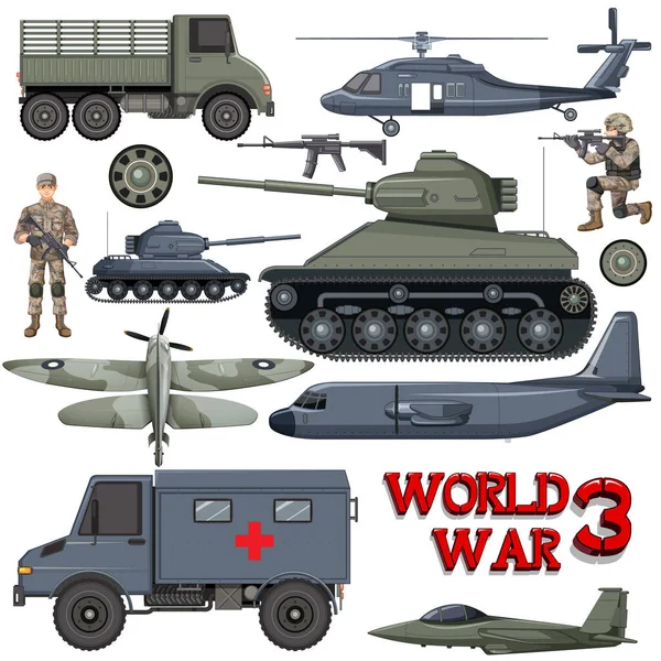 Militärische Elemente Und Fahrzeuge Setzen Illustration — Stockvektor