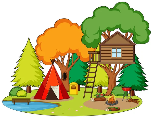 Scène Camping Avec Tente Illustration Feu Camp — Image vectorielle