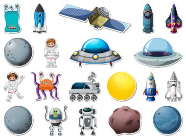 Dış uzay nesneleri ve astronotların çizimlerinin çıkartması
