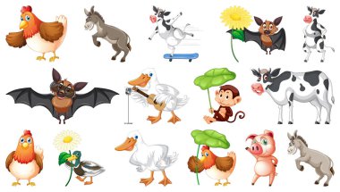 Beyaz arkaplandaki birçok çiftlik hayvanı