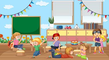 Birçok çocuğun resim çizdiği bir sınıf sahnesi