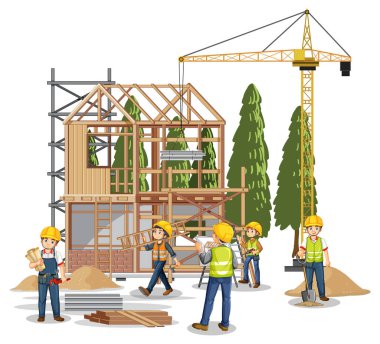 İşçi illüstrasyonuyla izole edilmiş inşaat alanı