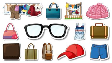 Etiket seti kıyafet ve aksesuar çizimi