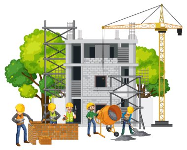 İşçi illüstrasyonuyla izole edilmiş inşaat alanı