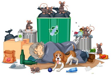 Homeless man sleeping near garbage  illustration