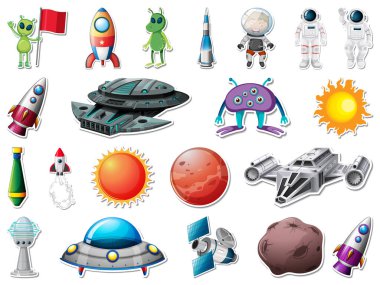 Dış uzay nesneleri ve astronotların çizimlerinin çıkartması