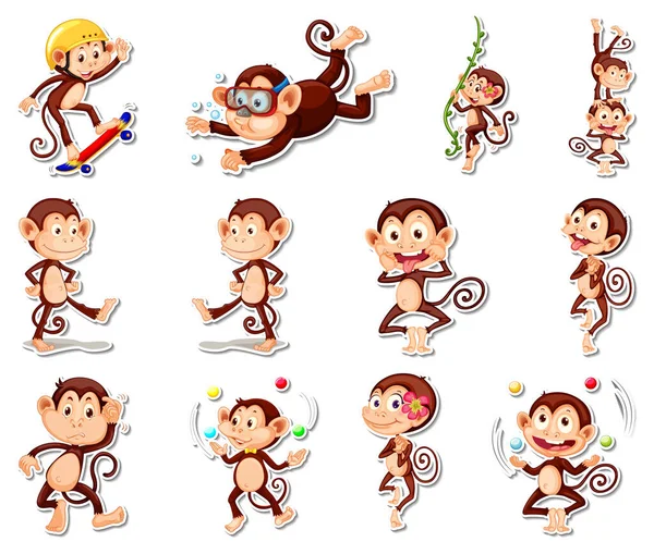 Adesivo Set Divertenti Personaggi Dei Cartoni Animati Scimmia Illustrazione — Vettoriale Stock