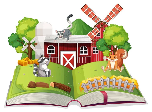 Ouvert Livre Fantaisie Avec Illustration Animaux Mignons — Image vectorielle