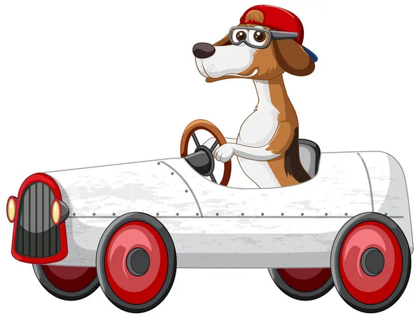 Lustige Hund Cartoon Figur Auto Fahren Auf Weißem Hintergrund Illustration — Stockvektor