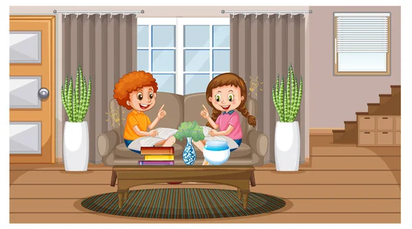 Bambini Che Leggono Libri Casa Illustrazione — Vettoriale Stock