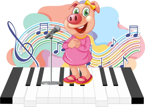 Cute Pig Sing Song Music Notes Piano Illustration — Vector de stock