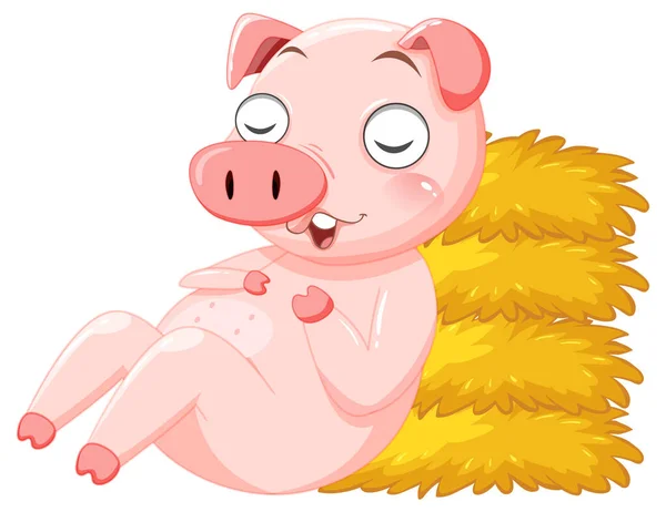 Little Pig Sleeping Haystack Illustration — Stock Vector