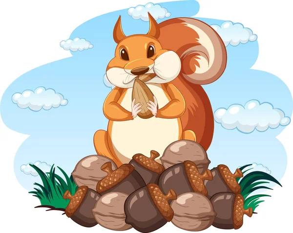 Fettes Eichhörnchen Und Großer Haufen Nüsse Illustration — Stockvektor