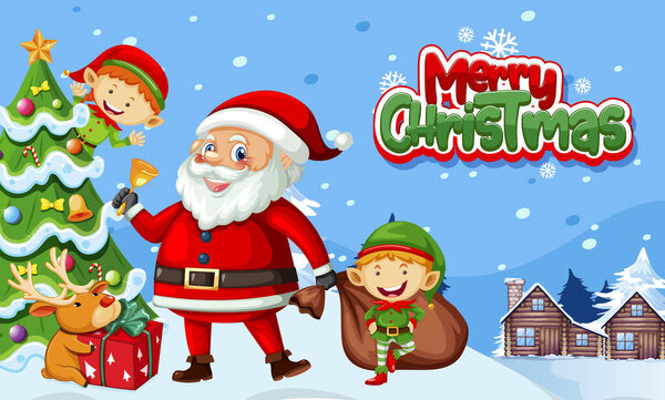 Merry Christmas banner design with Santa Claus and elves  illustration