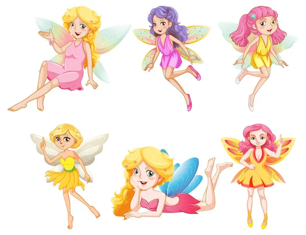Set Different Beautiful Fairy Girl Cartoon Character Illustration — Stock Vector