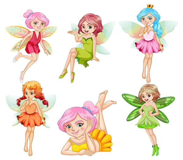 Set Von Verschiedenen Schönen Fee Mädchen Cartoon Figur Illustration — Stockvektor