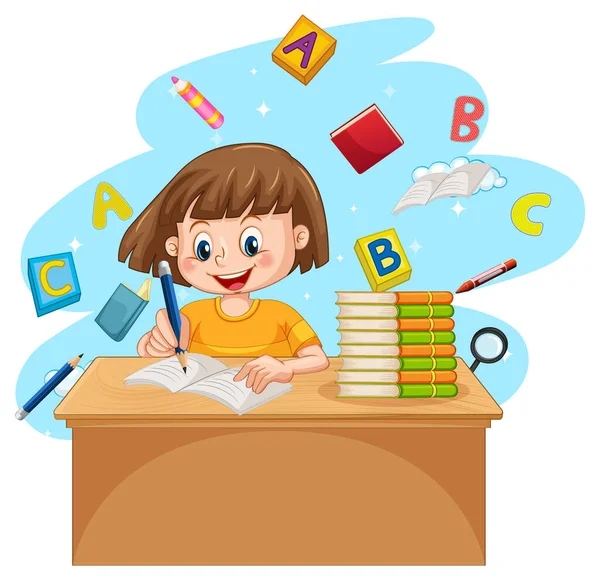 Girl Doing Homework Books White Background Illustration — Stock Vector