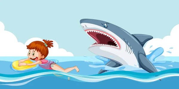 Girl Escaping Aggressive Shark Illustration — ストックベクタ