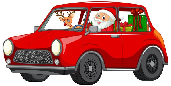 Weihnachtsmann Fährt Auto Zur Lieferung Weihnachtsgeschenke Illustration — Stockvektor