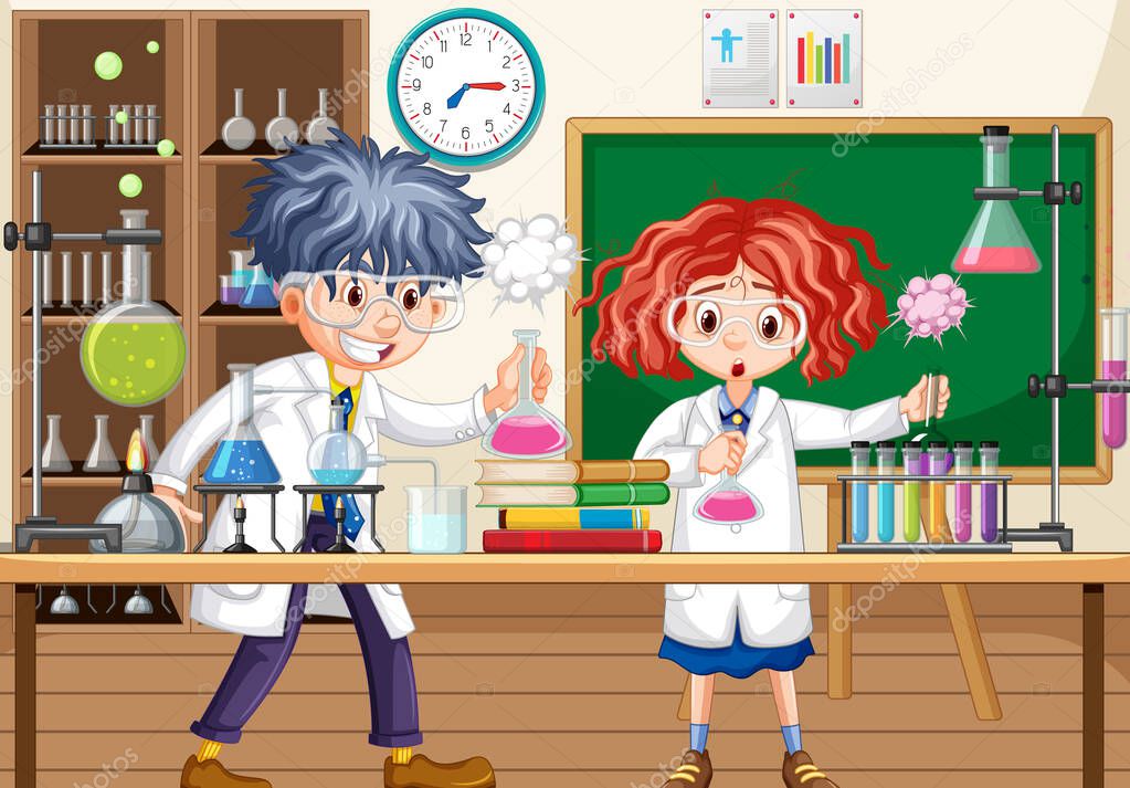 Laboratory scene with scientist cartoon character illustration