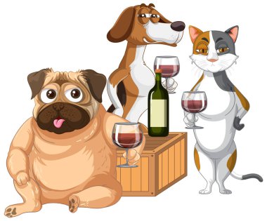 Şarap içen bir grup kedi ve köpek.