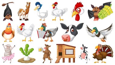 Beyaz arkaplandaki birçok çiftlik hayvanı