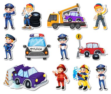 Sticker set of professions characters and objects illustration