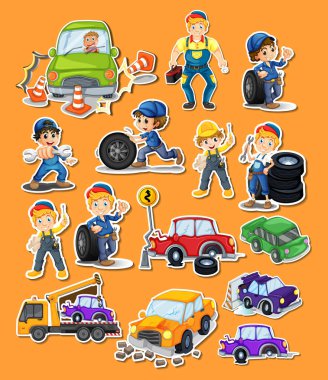 Sticker set of professions characters and objects illustration