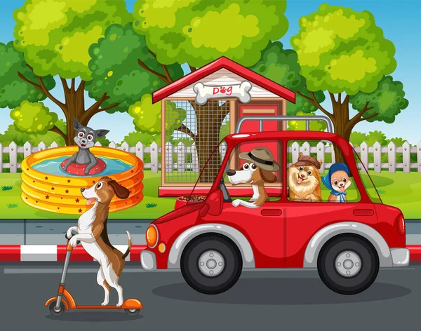 Cães Dirigindo Carro Cachorro Jogando Scooter Fundo Parque Ilustração — Vetor de Stock