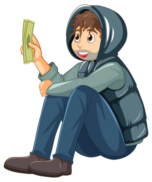 Homeless Man Holding Cash Cartoon Character Illustration — Stok Vektör