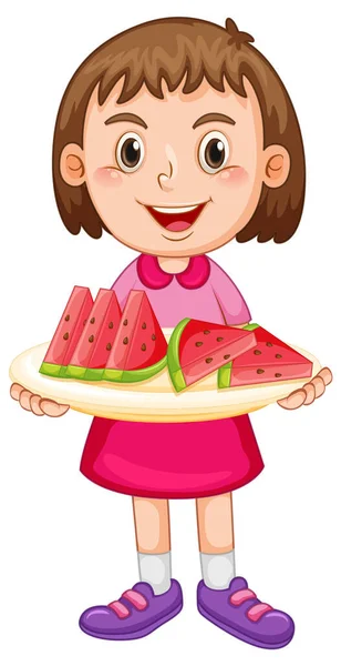 Kleines Mädchen Mit Tablett Mit Wassermelonen Illustration — Stockvektor